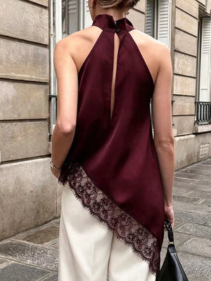 Polka Dot Lace Trim Asymmetrical Hem Sleeveless Blouse in Brown, product detail
