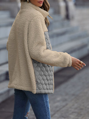 Teddy & quilted panel zip jacket in beige with grey quilted side panels.