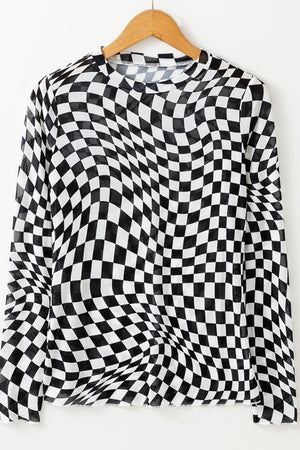 Black and white optical illusion checkered mesh long sleeve blouse with crew neck.