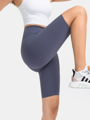 Sculpted Contour Active Cycling Shorts in Dusty Blue, mid-thigh length, high-waisted athletic shorts.