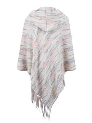 Hooded mélange cape in ivory with colorful stripes and fringe detail.