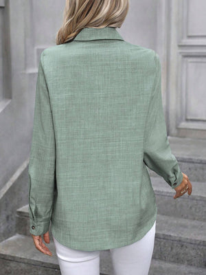Linen-blend button-down shirt in Matcha Green with long sleeves and a collared neckline.