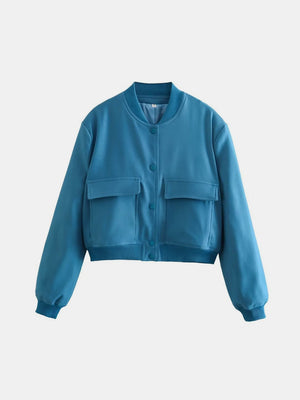 Boxy bomber jacket in sky blue with two chest pockets and ribbed cuffs and hem.