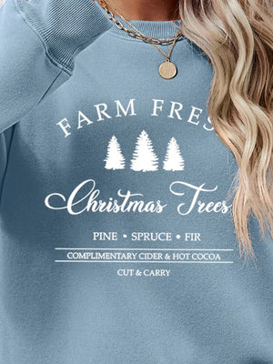 Misty Blue graphic sweatshirt with Christmas trees and text Farm Fresh Christmas Trees