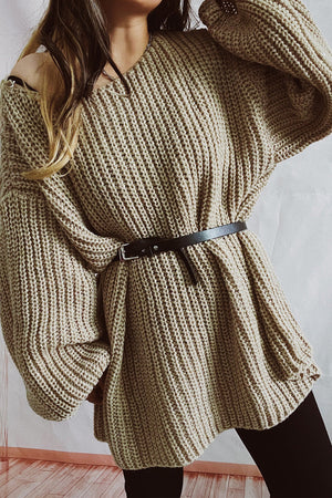 Oversized mocha ribbed knit mini dress with a black belt and v-neck