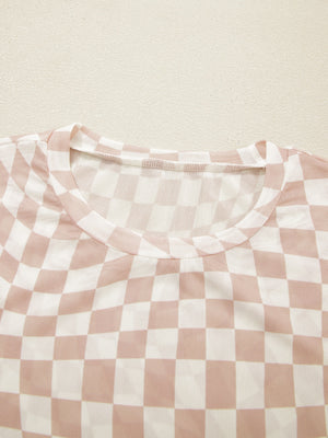 Checkered mesh crew neck t-shirt in beige and white with a sheer finish.