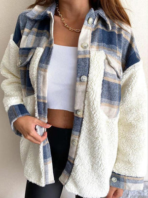 Plaid & Sherpa Hybrid Shacket with button front and chest pockets.