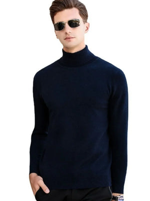 Men's dark blue turtleneck sweater with a modern silhouette and long sleeves.