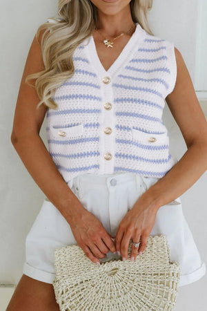 Light blue striped knit vest with V-neck, button front, and pocket details.
