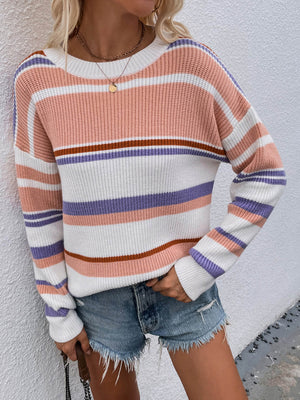 Pastel stripe crewneck knit sweater with pink, white, purple, and brown stripes.
