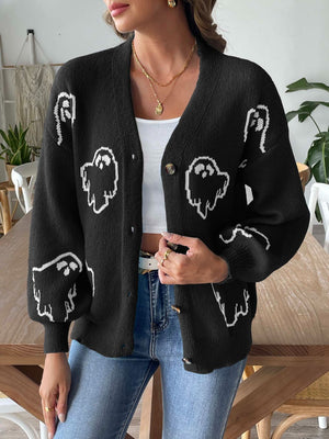 Black balloon sleeve cardigan with white ghost motif, buttoned front, and V-neck.