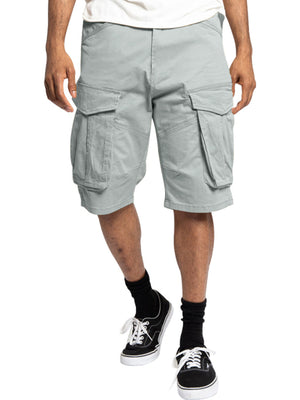 Light gray cargo shorts with multiple pockets and a relaxed fit.