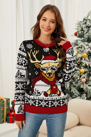 Black acrylic knit sweater with reindeer Fair Isle motif, crew neck, and long sleeves.