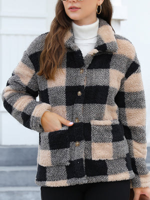 Plaid sherpa overshirt jacket with button front and chest pockets.