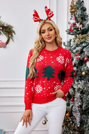 Holiday Fair Isle crewneck sweater in red with green trees and white snowflakes, acrylic knit.