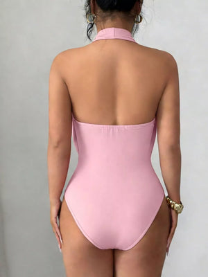 Pink halter neck cutout ruched bodysuit with a high-cut leg.