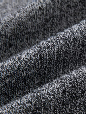 Men's classic open-front cardigan in gray marled knit fabric, showing texture detail.
