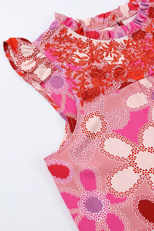 Floral embroidered yoke ruffle sleeve blouse in strawberry pink with a floral print.