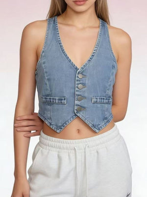 Light blue cropped denim vest with button-down front and pocket details
