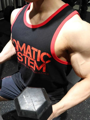 Black tank top with red trim and graphic print, activewear style