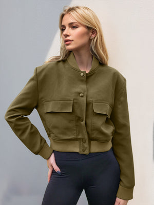 Moss bomber jacket with two chest pockets and snap button closure.