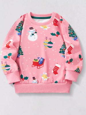 Pink crew neck sweatshirt with allover Christmas print featuring snowmen, trees, and stockings.