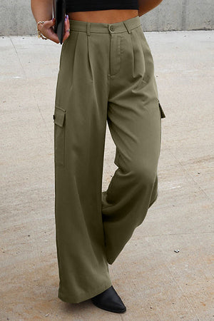 Army green wide-leg pleated cargo trousers with flap pockets and a relaxed fit.
