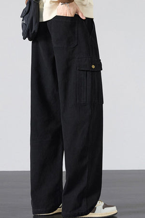 Black relaxed fit cargo sweatpants with drawstring and buttoned cargo pocket.