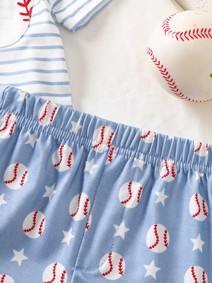 Baby bodysuit set with blue stripes and baseball print shorts.