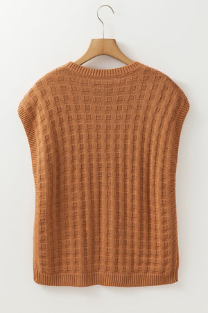 Camel textured knit boxy top with crewneck and sleeveless design.