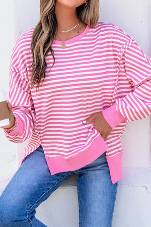 Stripe Textured Knit Color Block Long Sleeve Top in Blush Pink, product detail