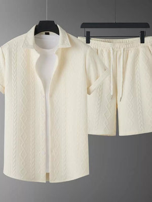 Off-white knit polo shirt and shorts set with textured pattern and drawstring waist.