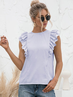Light blue ruffled yoke sleeveless blouse with round neckline.