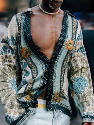 Bohemian print open-front silk shirt with a deep V-neck and long sleeves.