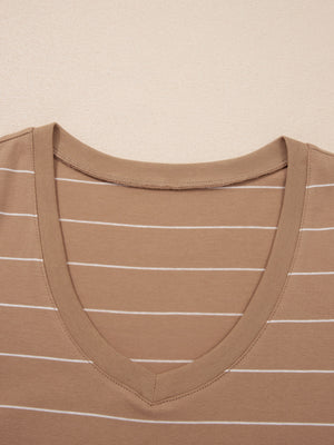 Brown striped maxi t-shirt dress with v-neck