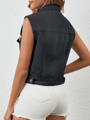 Black denim button-up vest with chest pockets and a cropped length.