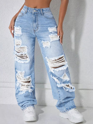 Distressed Wide Leg Jeans in Light Blue, fabric detail