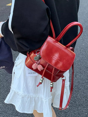 Pu Leather Mini Backpack Bag in Red, front view