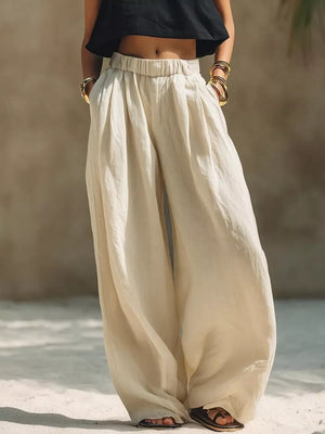 Full Size Elastic Waistband Wide Leg Pants in Beige, front view