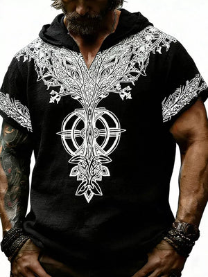 Men's Full Size Printed Hooded Short Sleeve Top in White, fit detail