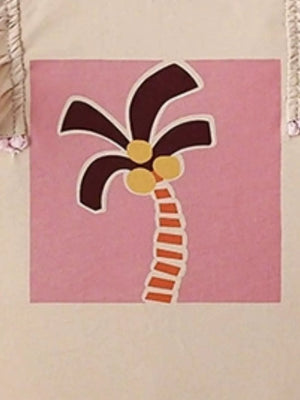 Baby tee with playful palm tree graphic on pink square, ruffle sleeve detail.