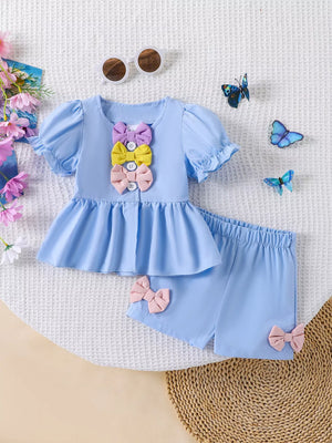 Children's Bow Puff Sleeve Top And Shorts Set in Blue, side view