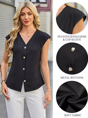Black V-neck buttoned shirt with cap sleeves, pleated shoulders, and metal buttons.