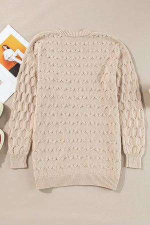 Textured cable knit open cardigan in Dust Storm with a crew neck and ribbed cuffs and hem.