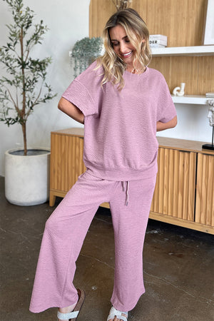 Dusty pink textured cocoon top and wide leg pants set with drawstring waist