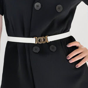 White vegan leather belt with interlocking gold buckle detail
