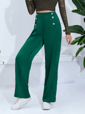 Dark green wide-leg trousers with button detail and high waist.