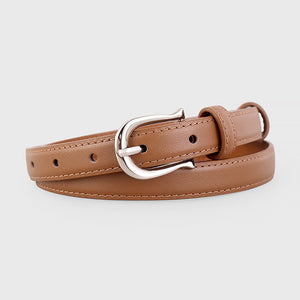 Brown leather skinny belt with silver buckle and adjustable holes