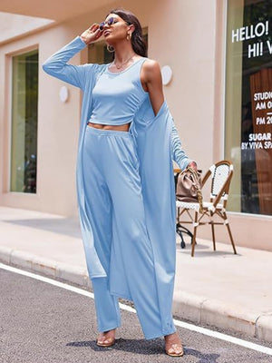 Light blue ribbed knit duster, tank top, and wide-leg pants lounge set.