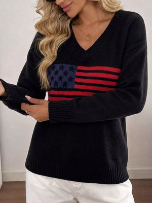 American Flag V-neck Knit Top in Black, back view